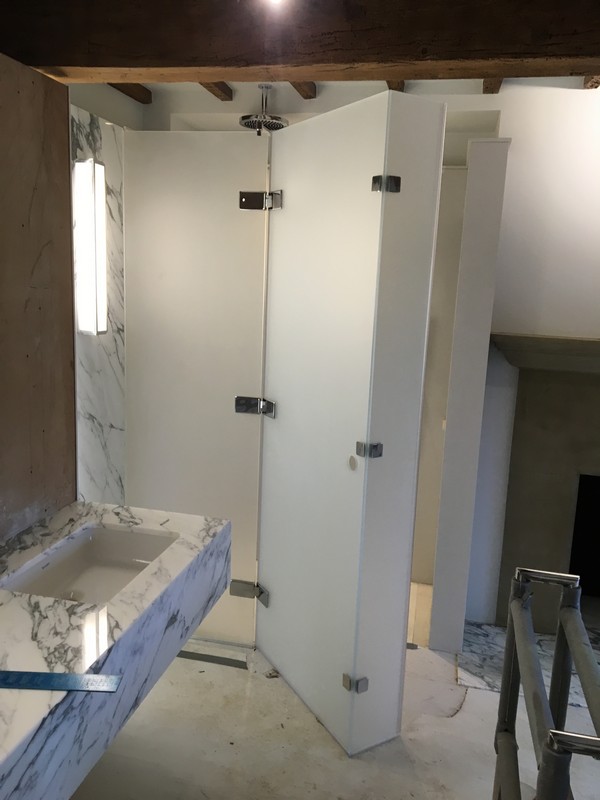 Bespoke frosted glass shower enclosure in Golders Green luxury bathroom